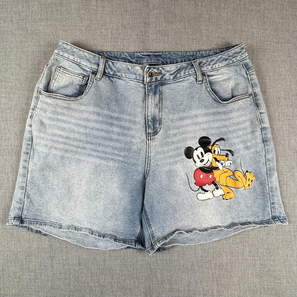 Disney Shorts Womens 16 Blue Denim Jean Mom Relaxed Fit Mickey Pluto Graphic